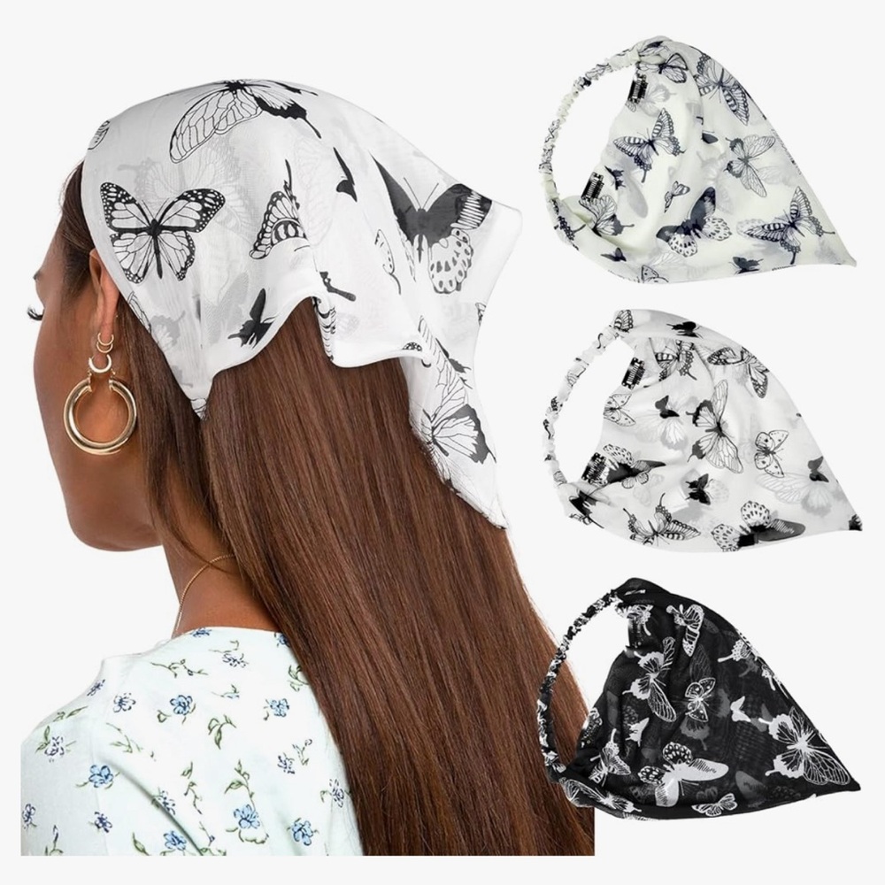 Chiffon Headband Set - Floral Elastic Scarves with Hair Clips and Bandanas 3PCS